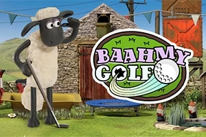 Bárány golfozik a farmon, mellette a Baahmy Golf logó