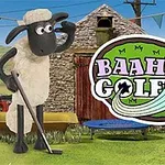 Bárány golfozik a farmon, mellette a Baahmy Golf logó