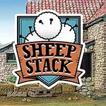 Bárányok tornyozódnak egymás tetején egy vidéki ház előtt, a képen pedig egy Sheep Stack feliratú logó látható