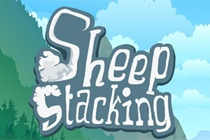 A kép egy rajzfilmszerű háttér előtt a Sheep Stacking feliratot ábrázolja, fellegekkel és hegyekkel