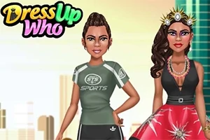 Két karakter, egy sportos öltözékben és egy elegáns, díszített ruhában állnak egy városi háttér előtt, felül a Dress Up Who felirattal