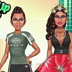 Két karakter, egy sportos öltözékben és egy elegáns, díszített ruhában állnak egy városi háttér előtt, felül a Dress Up Who felirattal
