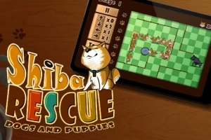 Egy táblagépen megjelenített kutyás puzzle játék látható, mellette egy Shiba Inu illusztrációval és a címmel