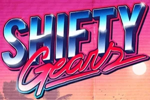 A kép egy színes feliratot ábrázol: Shifty Gears, háttérben pálmafákkal és naplementével