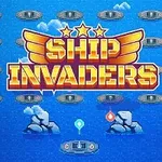 Színes, rajzfilmszerű tengeri jelenet, középen egy nagy Ship Invaders felirattal, körülötte lebegő hajókkal és sziklákkal