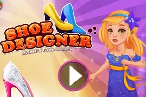 Rajzolt kislány kék ruhában, háttérben színes cipők és Shoe Designer szöveg