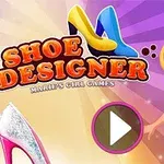 Rajzolt kislány kék ruhában, háttérben színes cipők és Shoe Designer szöveg