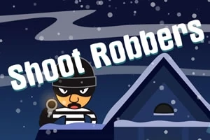 Egy rajzfilmfigura betörő sapkában és csíkos ruhában egy háztető mellett áll, hóesés közepette, és a Shoot Robbers felirat olvasható