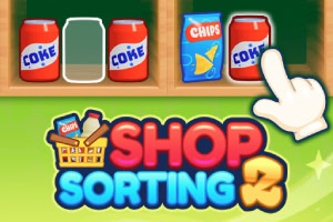 Sodás dobozok és chips zacskó egy bolt polcán, egy nagy kéz ikonnal, valamint a „Shop Sorting 2” felirattal alul