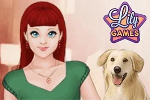 Piros hajú lány zöld ruhában mosolyog egy kutya mellett, háttérben a Lily Games logóval