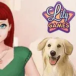 Piros hajú lány zöld ruhában mosolyog egy kutya mellett, háttérben a Lily Games logóval