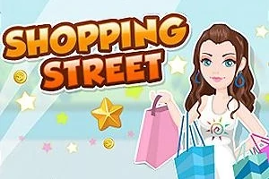 Fiatal nő ábrázolása bevásárlótáskákkal, Shopping Street felirat és csillagok
