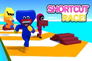 Kék, sárga és rózsaszín figurák futnak deszkákkal a kezükben egy sakktáblaszerű útvonalon, a háttérben SHORTCUT RACE!