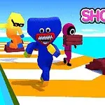 Kék, sárga és rózsaszín figurák futnak deszkákkal a kezükben egy sakktáblaszerű útvonalon, a háttérben SHORTCUT RACE!