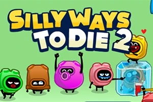 Színes, vidám karakterek különböző tevékenységeket végeznek egy zöld háttér előtt, a képen Silly Ways to Die 2 felirattal