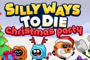 Karácsonyi témájú rajzfilmfigurák egy ünnepi jelenetben, háttérben a Silly Ways to Die Christmas Party felirattal