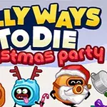 Karácsonyi témájú rajzfilmfigurák egy ünnepi jelenetben, háttérben a Silly Ways to Die Christmas Party felirattal