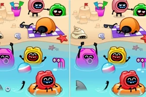 Színes, rajzfilmszerű karakterek napoznak és fürdőznek egy strandon, homokvárral és vízben lebegő labdával