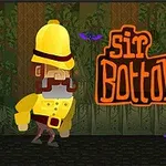 Rajzfilmszerű figurális illusztráció sárga sisakban és ruhában, háttérben zöldes dzsungel, lila denevérekkel és sir Bottomtight felirattal