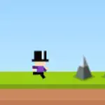 Pixeles karakter cilinderben fut zöld füves terepen, hegyes tüskék mellett