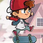Egy rajzfilmszerű figura piros sapkában és dzsekiben ugrik a levegőben egy gördeszkával háttérben házzal