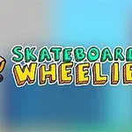 Egy rajzfilmfigura piros pólóban és sapkában gördeszkázik a levegőben a Skateboard Wheelie felirat mellett
