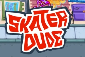 Piros betűkkel írt Skater Dude felirat rajzolt utcai háttérrel