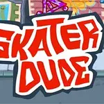 Piros betűkkel írt Skater Dude felirat rajzolt utcai háttérrel