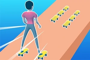 Egy fiatalember rózsaszín pólóban gördeszkán halad előre egy keskeny úton, több kis gördeszka sorban elhelyezve előtte