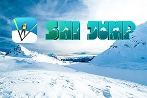 Ski Jump Havas hegycsúcsok háttérben és Ski Jump felirat, mellette egy síugró ikon