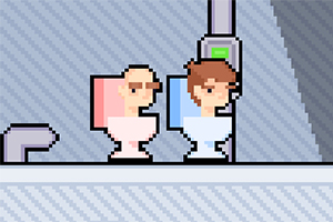 Két rajzfilmszerű karakter ül egymás mellett két különálló vécén egy pixelgrafikás környezetben