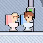 Két rajzfilmszerű karakter ül egymás mellett két különálló vécén egy pixelgrafikás környezetben