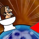 Karikatúra egy rajzfilmszerű férfiról, aki egy vécén ül a Földön, mellette egy piros nyíl látható