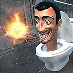 Egy karikatúraszerű férfi feje egy vécécsészéből emelkedik ki egy utcai háttér előtt, miközben két robbanás látható a közelben