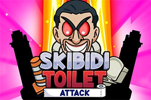 Egy gonosz kinézetű karakter piros szemekkel a középpontban, körülötte WC-kefe és kagyló sziluettek, élénk rózsaszín és sárga háttérrel, rajtuk a Skibidi Toilet Attack felirat