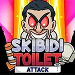 Egy gonosz kinézetű karakter piros szemekkel a középpontban, körülötte WC-kefe és kagyló sziluettek, élénk rózsaszín és sárga háttérrel, rajtuk a Skibidi Toilet Attack felirat