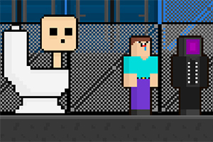 Pixeles stílusú kép egy WC-ből kiemelkedő karakterről és két blokkos kinézetű figuráról egy rácsos háttér előtt