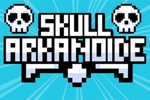 Pixelesített koponya minták és a Skull Arkanoide felirat kék háttér előtt