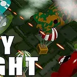 Különböző színű repülők légi harcban, fehér felirattal: SKY FIGHT