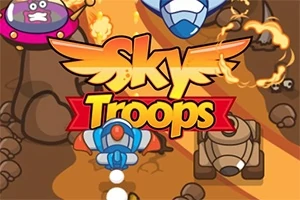 Rajzfilm stílusú kép űrhajókkal és tankokkal, középen Sky Troops felirattal