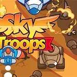 Rajzfilm stílusú kép űrhajókkal és tankokkal, középen Sky Troops felirattal