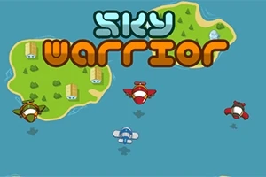 Tengeren repülő színes repülőgépek és egy zöld sziget az Sky Warrior felirattal