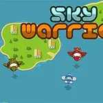 Tengeren repülő színes repülőgépek és egy zöld sziget az Sky Warrior felirattal