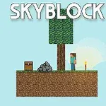 Egy lebegő föld blokk képe, rajta egy fa, láda, kőhalom és egy figura, háttérben a napfényes ég, a SKYBLOCK felirattal