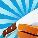 Egy nagy kés szeletel két narancssárga téglalap alakú tárgyat, kék sugaras háttér előtt