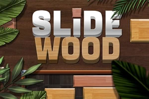 „SLIDE WOOD felirat fa textúrájú csúszkás kirakóelemek között, trópusi levelekkel keretezve