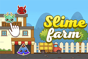 Rajzfilmszerű táj három aranyos, színes lényekkel és egy piros teherautóval egy ház mellett, a Slime farm felirattal