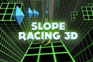 Zöld neon színű, rácsos platformok és kék, háromszög alakú elemek 3D térben, középen SLOPE RACING 3D felirattal