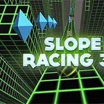 Zöld neon színű, rácsos platformok és kék, háromszög alakú elemek 3D térben, középen SLOPE RACING 3D felirattal