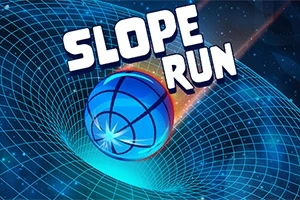 Kék geometriai mintázatú gömb hálós szerkezetű pályán halad, miközben a Slope Run felirat lebeg felette